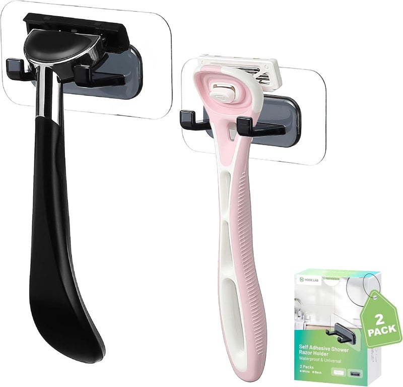 H HOOK LAB Hook LAB Self-Adhesive Shower Razor Holder, 2-Pack, Removable & Reusable Waterproof Hooks, for Towels, Bath Accessories, Kitchen & Bathroom Use - Black - Image 1